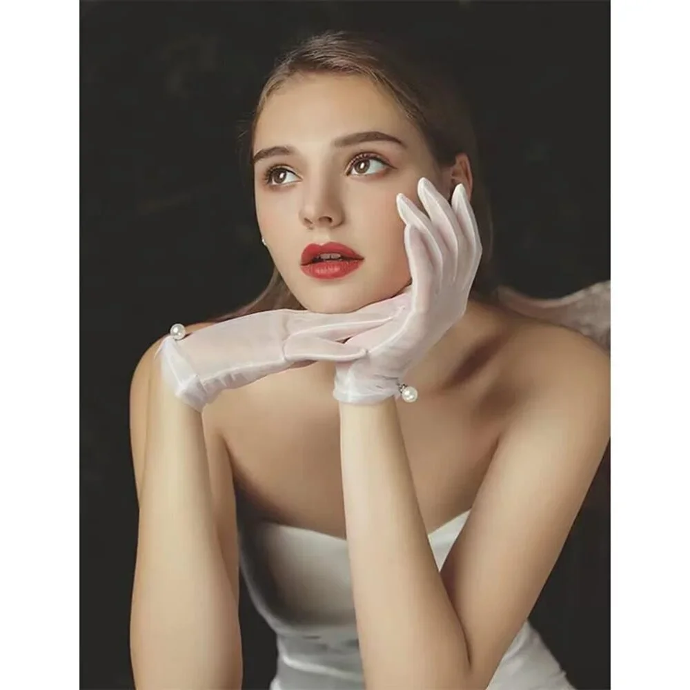 Women's Black Evening Pearl Short Gloves Wedding Dance Party Tea Accessories